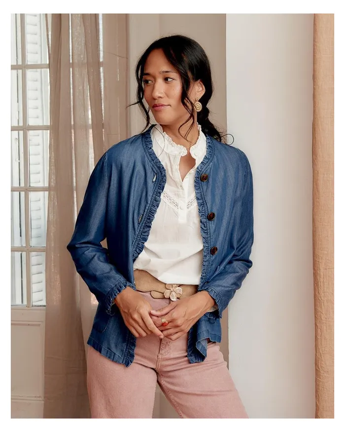 Polin Et Moi Hunter Ruffled Lomena Denim Women Blazer And Jackets Polin Et Moi Hunter Ruffled Lomena Denim Women Blazer And Jackets