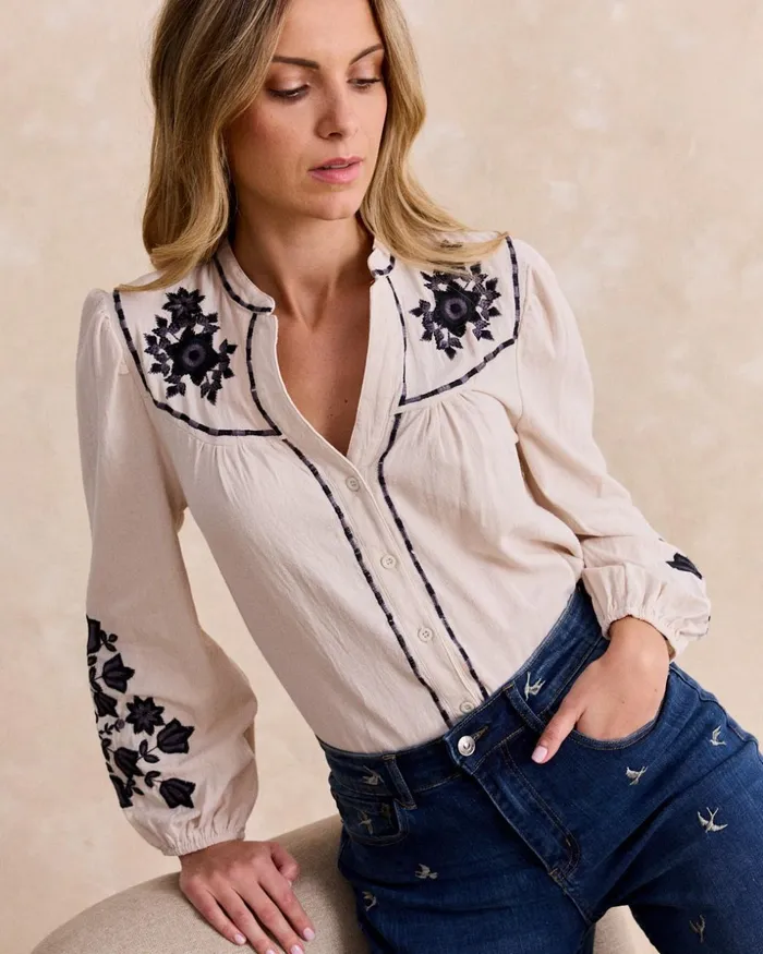 Polin Et Moi Lucenda Embroidered Shirt Stone Women Blouses And Shirts