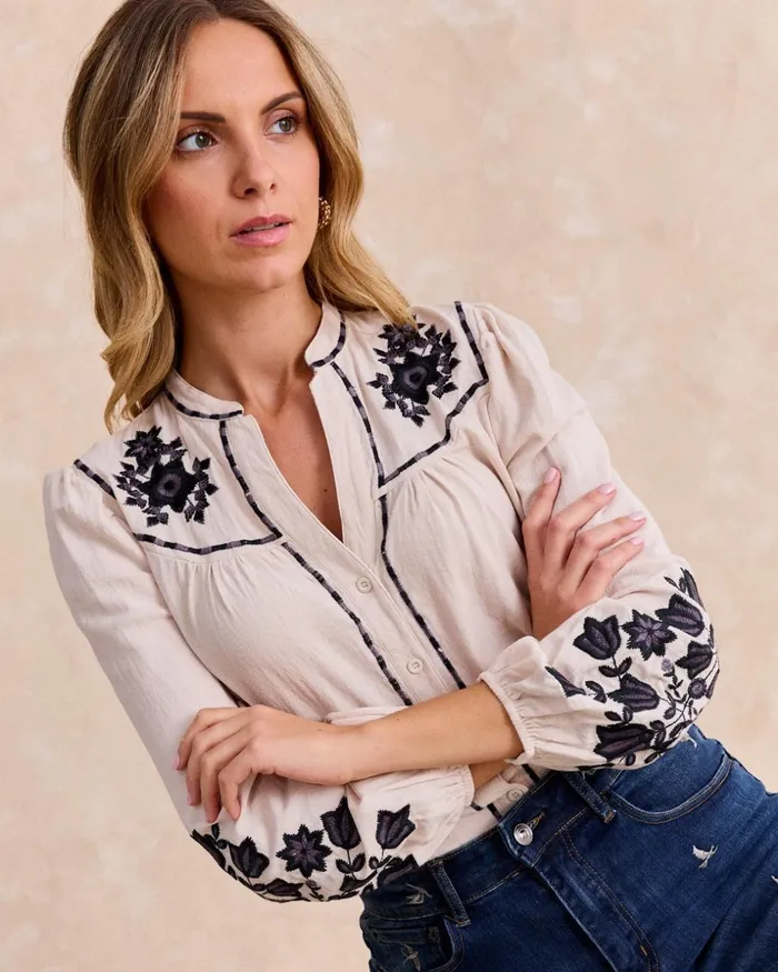 Polin Et Moi Lucenda Embroidered Shirt Stone Women Blouses And Shirts Polin Et Moi Lucenda Embroidered Shirt Stone Women Blouses And Shirts