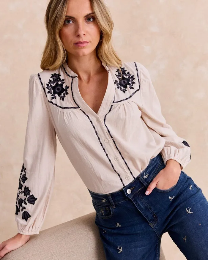 Polin Et Moi Lucenda Embroidered Shirt Stone Women Blouses And Shirts Polin Et Moi Lucenda Embroidered Shirt Stone Women Blouses And Shirts