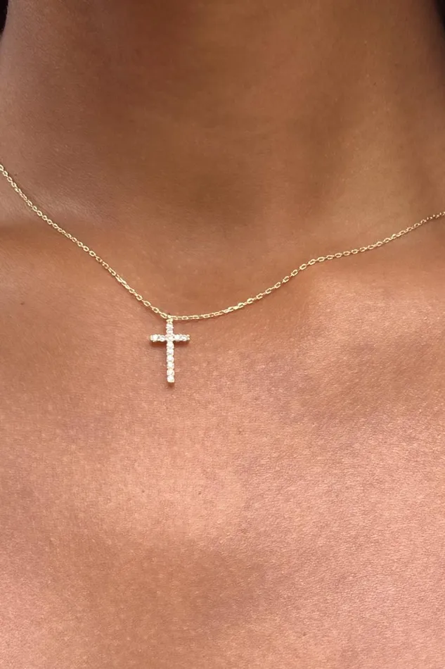 Rhinestone Cross Necklace Gold Women Brandy Melville Jewelry