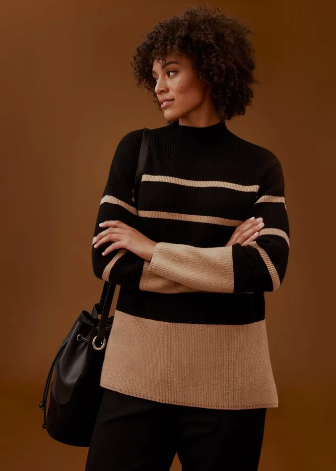 Romy Cosy Stripe Colour Block Knit Blackcamel Women Phase Eight Knitwear