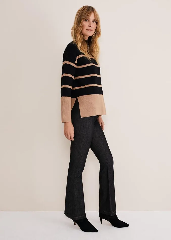 Romy Cosy Stripe Colour Block Knit Blackcamel Women Phase Eight Knitwear