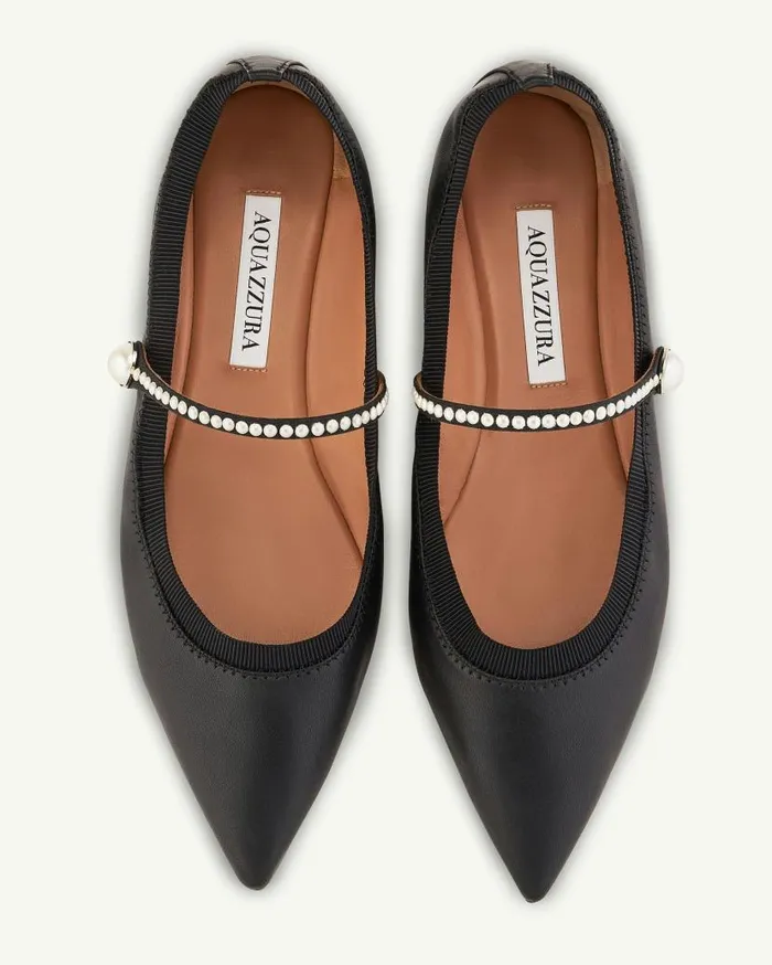 Romy Pearl Flat Black Women Aquazzura Flats Romy Pearl Flat Black Women Aquazzura Flats