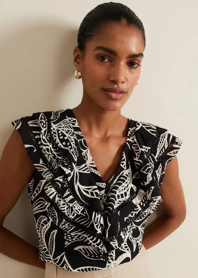Rosey Ruffle Linen Top Black Women Phase Eight Shirts and Blouses