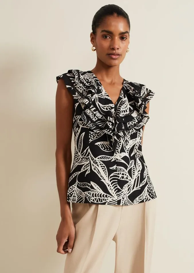 Rosey Ruffle Linen Top Black Women Phase Eight Shirts and Blouses