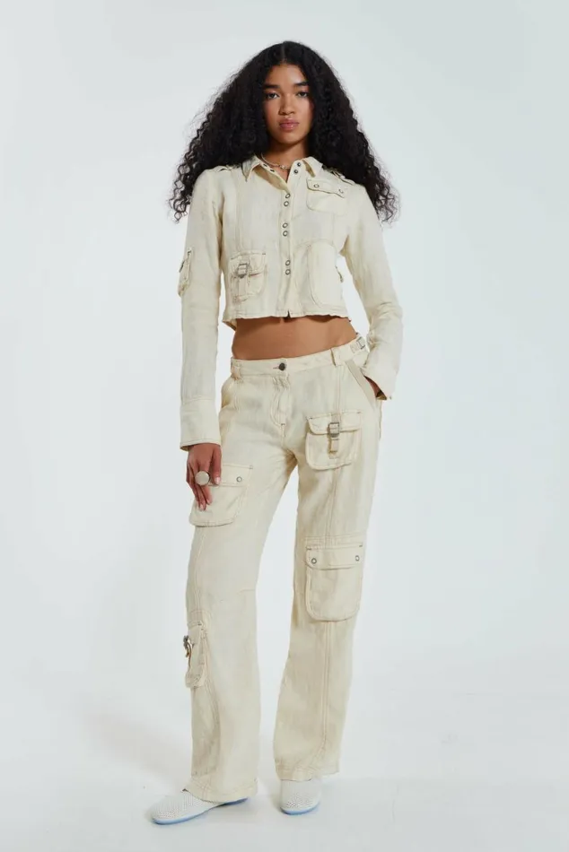 Santal Linen Cargo Shirt Ecru Women Jaded London Long Sleeve Tops