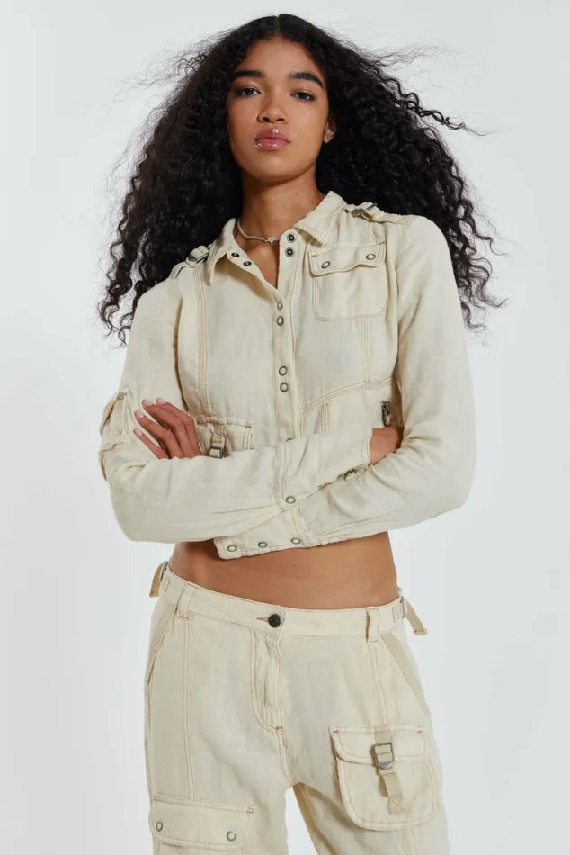 Santal Linen Cargo Shirt Ecru Women Jaded London Long Sleeve Tops