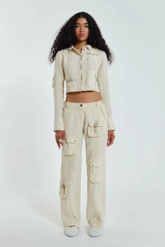 Santal Linen Cargo Shirt Ecru Women Jaded London Long Sleeve Tops