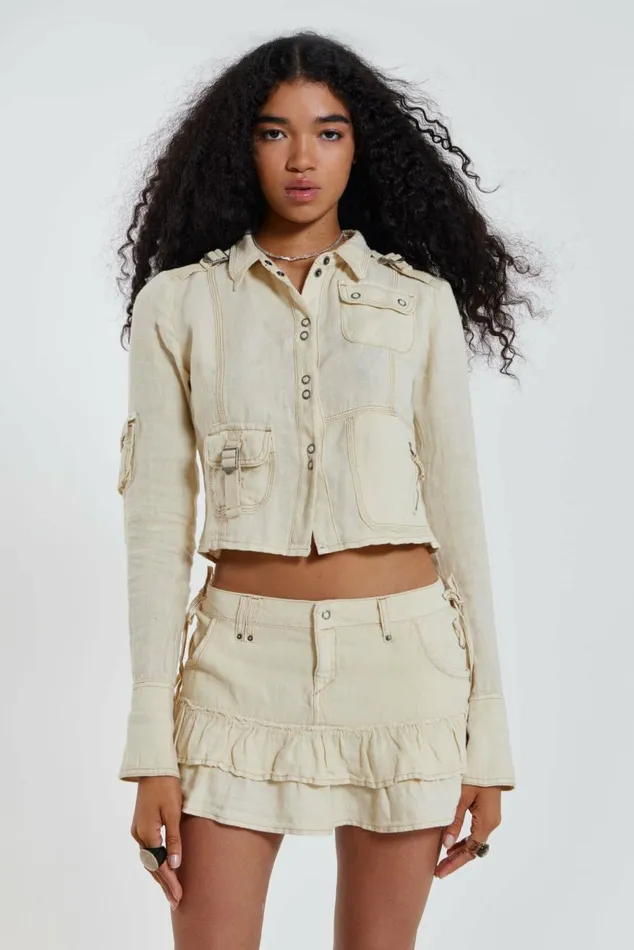 Santal Linen Cargo Shirt Ecru Women Jaded London Long Sleeve Tops