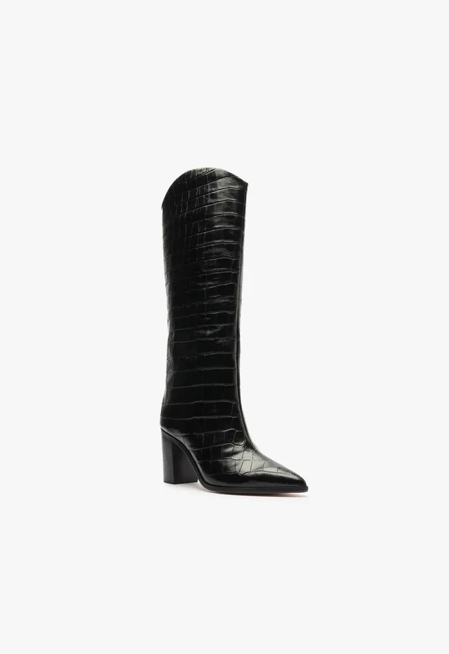 Schutz Shoes Boots Women Maryana Block Wide Crocodile Boot Black