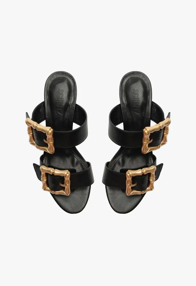 Schutz Shoes Enola Women Enola Mid Block Leather Sandal Black