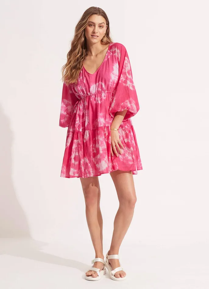 Seafolly Tie Dye Tier Mini Dress 8211 Rose Pink Women Beach Dresses