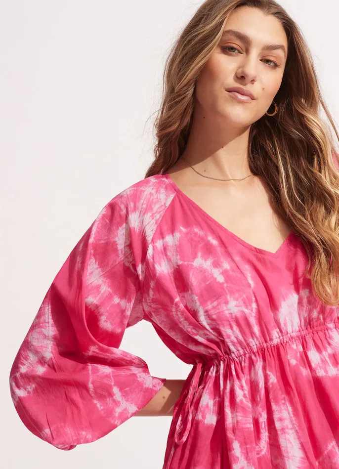 Seafolly Tie Dye Tier Mini Dress 8211 Rose Pink Women Beach Dresses
