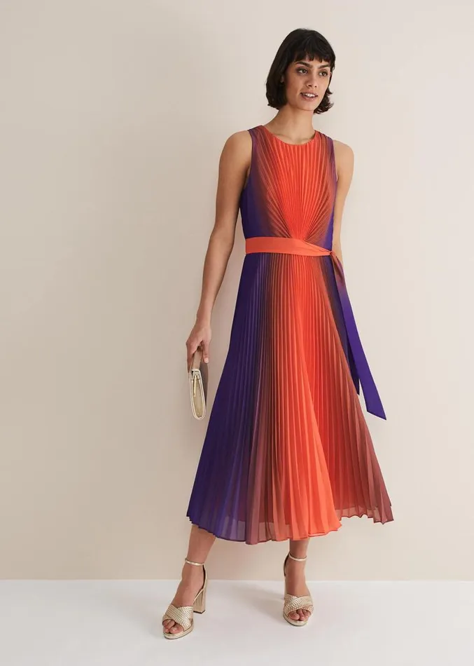 Simara Ombre Pleated Midi Dress Vermillionmulti Women Phase Eight Dresses
