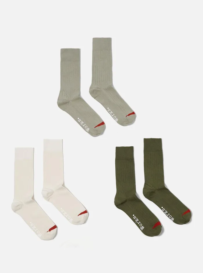 Socks Men Universal Works Universal Works 3 Pack Modal Sock In EcruGreyGreen Rib Knit