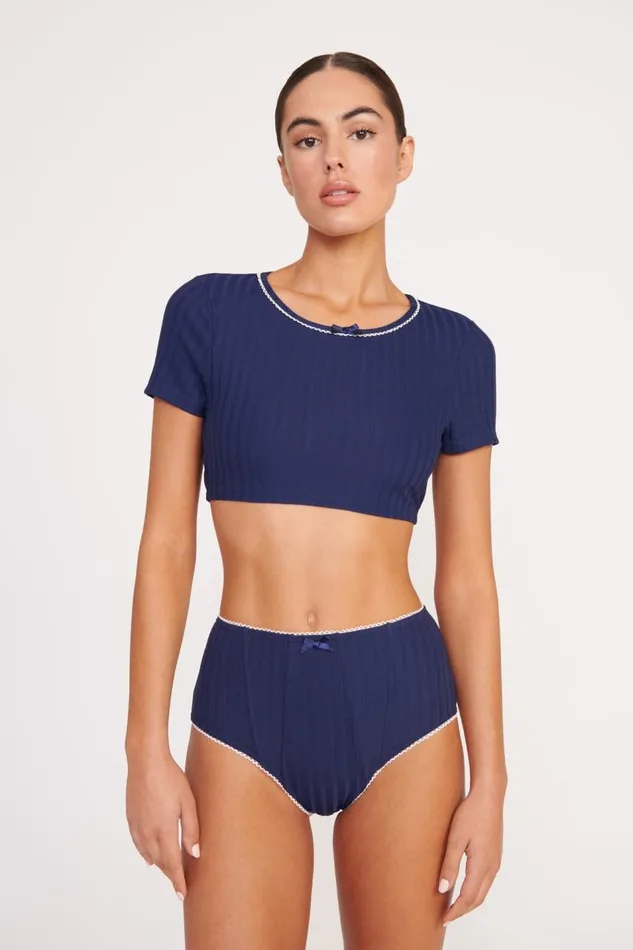 STAUD Bikinis Women STAUD BRENTON HIGH RISE BIKINI BOTTOM NAVY WHITE