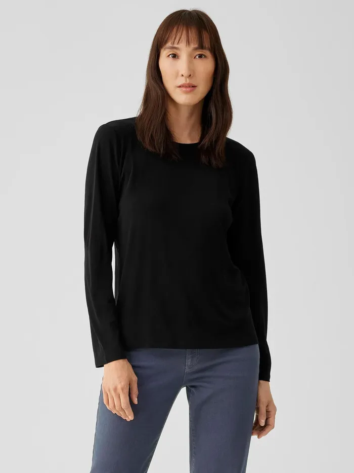 Stretch Silk Jersey Crew Neck Top Black Women Eileen Fisher Tops and Tees