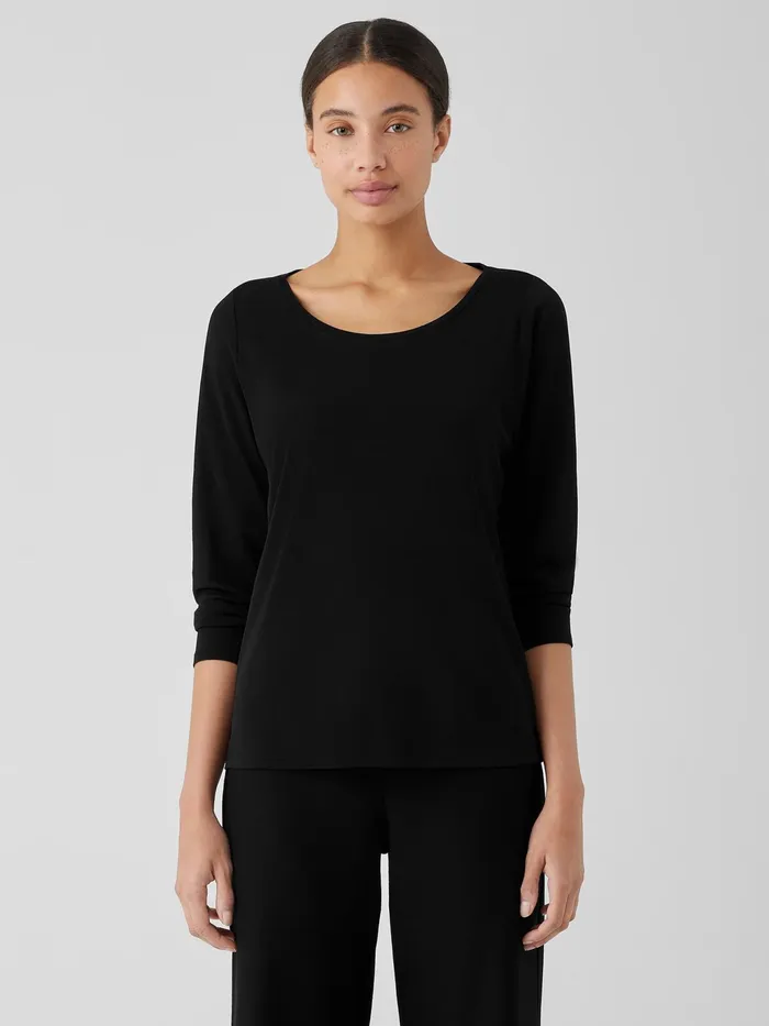 Stretch Silk Jersey Scoop Neck Top Black Women Eileen Fisher Tops and Tees
