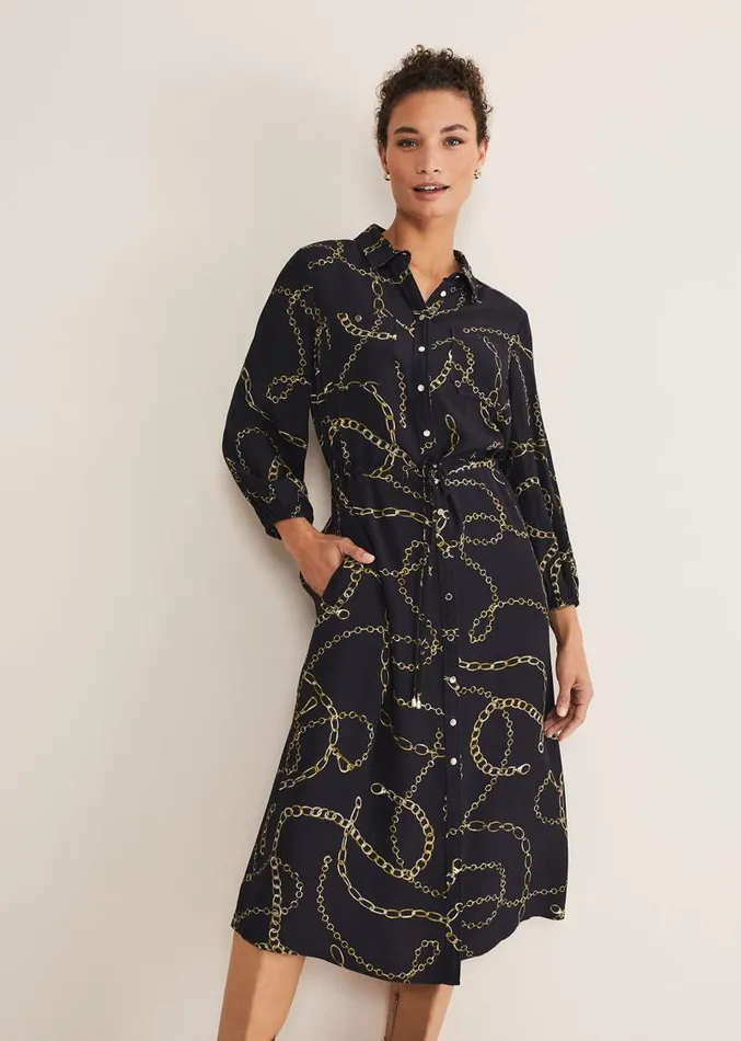 Tana Chain Print Shirt Midi Dress Navy Women Phase Eight Dresses