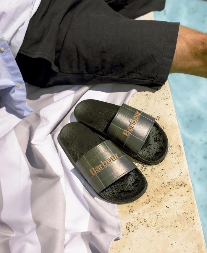 Tartan Sliders Classic Black Men Barbour Sandals