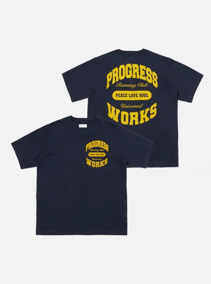 Tees Men Universal Works Universal Works X Progress Running Club Print Tee In Navy Single Jersey