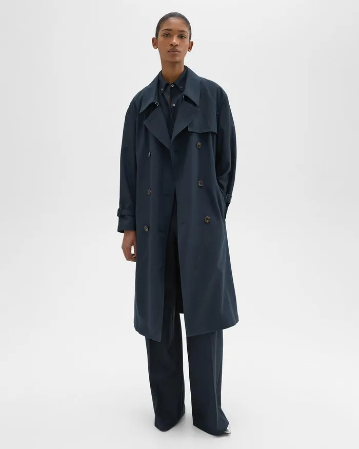Theory Outerwear DoubleBreasted Trench Coat In Oxford Wool Nocturne Navy 8211 Women