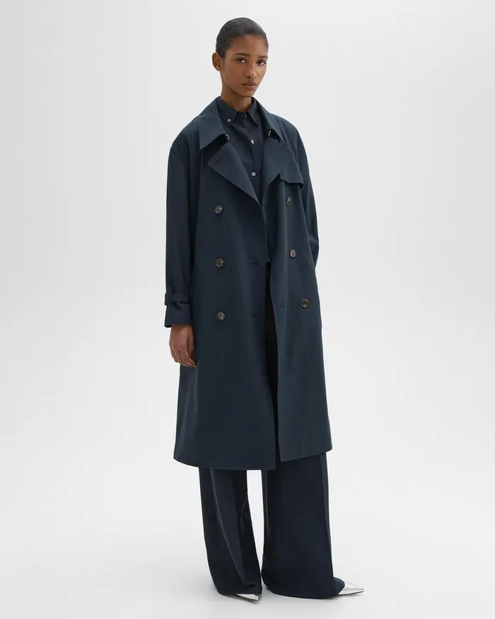 Theory Outerwear DoubleBreasted Trench Coat In Oxford Wool Nocturne Navy 8211 Women