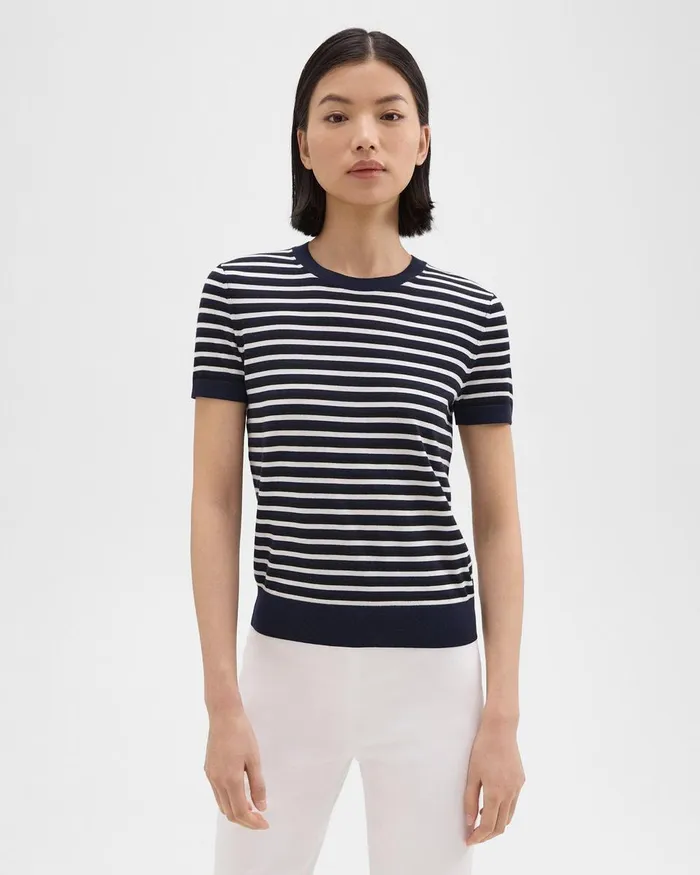 Theory Sweaters Cardigans Striped ShortSleeve Sweater In Regal Wool Black Multi 8211 Women