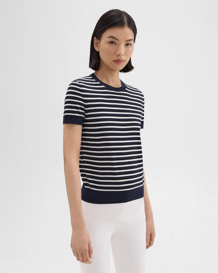 Theory Sweaters Cardigans Striped ShortSleeve Sweater In Regal Wool Black Multi 8211 Women