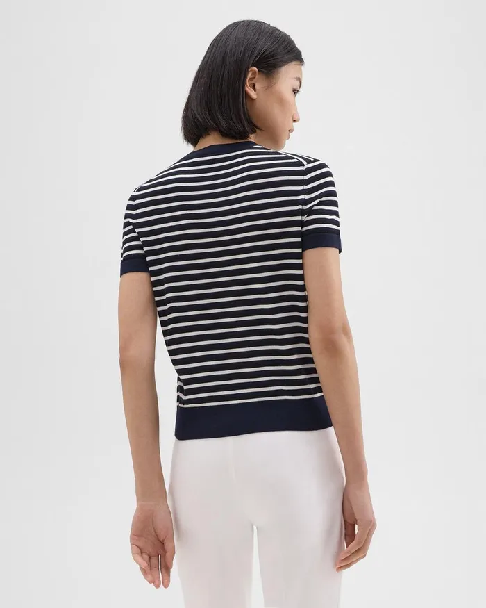 Theory Sweaters Cardigans Striped ShortSleeve Sweater In Regal Wool Black Multi 8211 Women