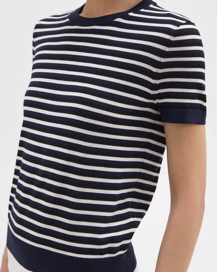 Theory Sweaters Cardigans Striped ShortSleeve Sweater In Regal Wool Black Multi 8211 Women