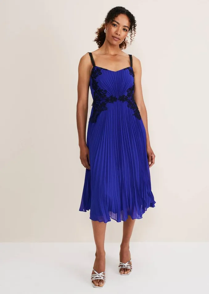 Tiffany Lace Pleated Midi Dress Cobalt Women Phase Eight Dresses
