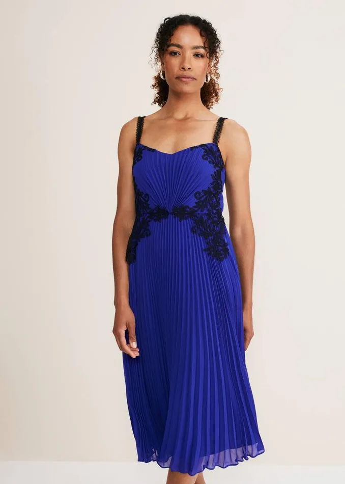 Tiffany Lace Pleated Midi Dress Cobalt Women Phase Eight Dresses