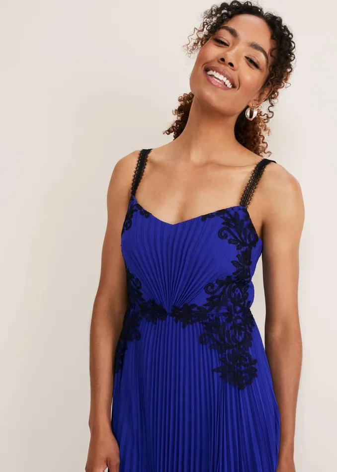 Tiffany Lace Pleated Midi Dress Cobalt Women Phase Eight Dresses