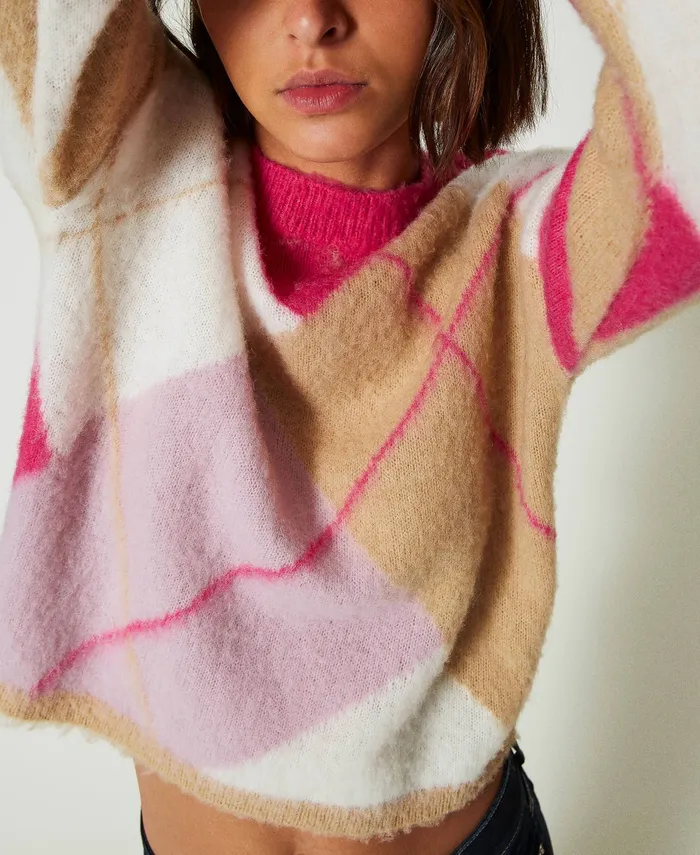 Twinset Argyle Pattern Jacquard Wool Blend Jumper Argyle Pink Jacquard Women Jumpers And Cardigans