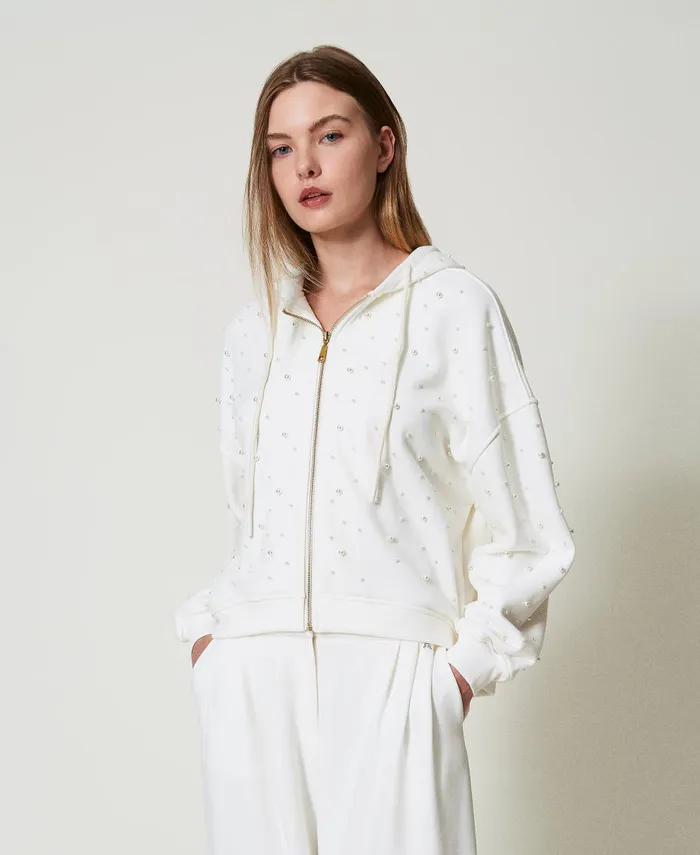 Twinset Asymmetric Hoodie With Pearls Antique White Women Sweatshirts