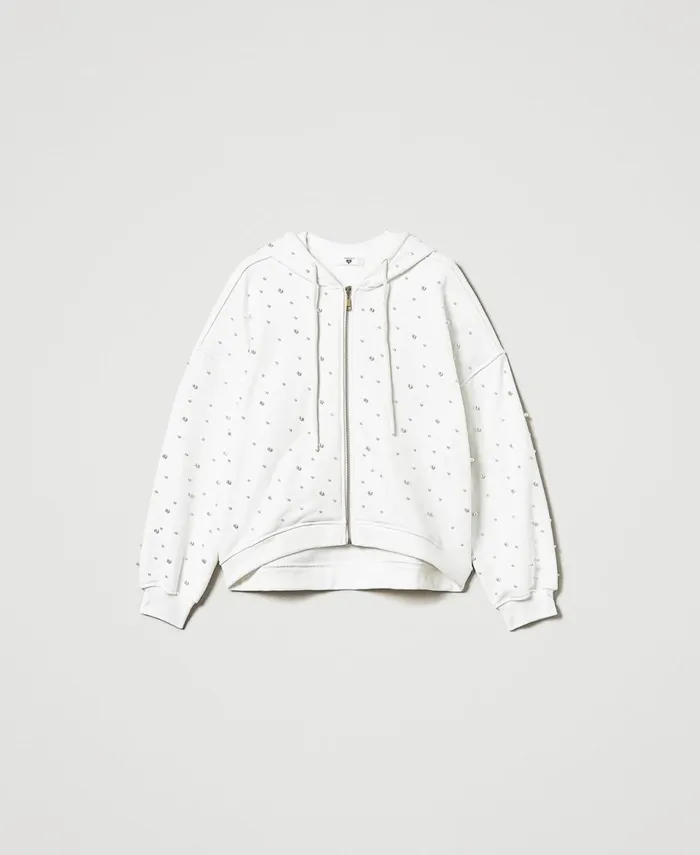 Twinset Asymmetric Hoodie With Pearls Antique White Women Sweatshirts Twinset Asymmetric Hoodie With Pearls Antique White Women Sweatshirts