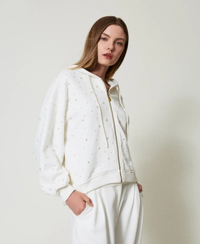 Twinset Asymmetric Hoodie With Pearls Antique White Women Sweatshirts Twinset Asymmetric Hoodie With Pearls Antique White Women Sweatshirts
