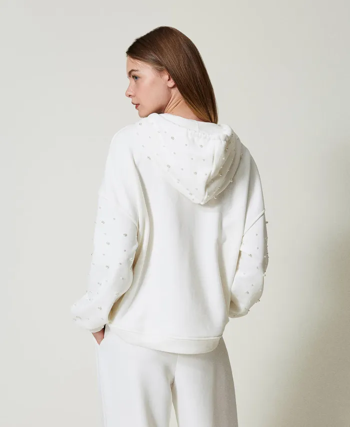 Twinset Asymmetric Hoodie With Pearls Antique White Women Sweatshirts Twinset Asymmetric Hoodie With Pearls Antique White Women Sweatshirts