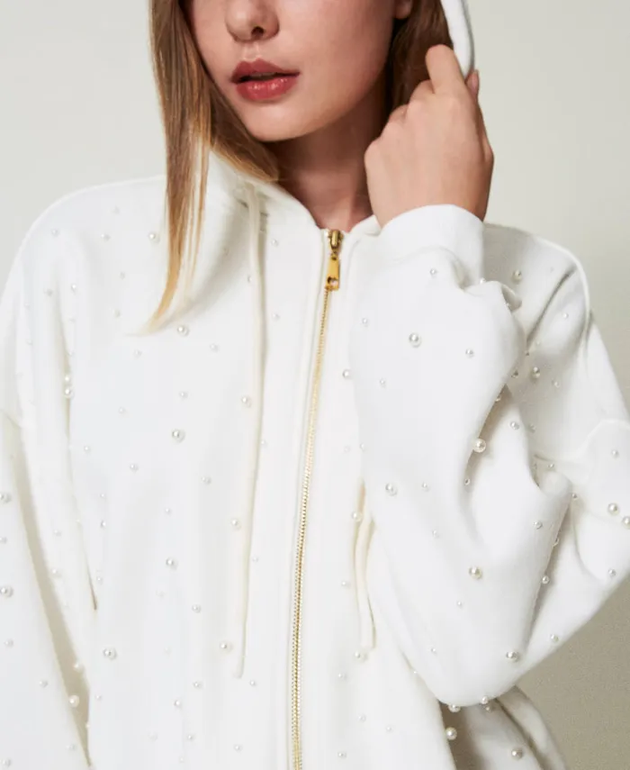Twinset Asymmetric Hoodie With Pearls Antique White Women Sweatshirts Twinset Asymmetric Hoodie With Pearls Antique White Women Sweatshirts