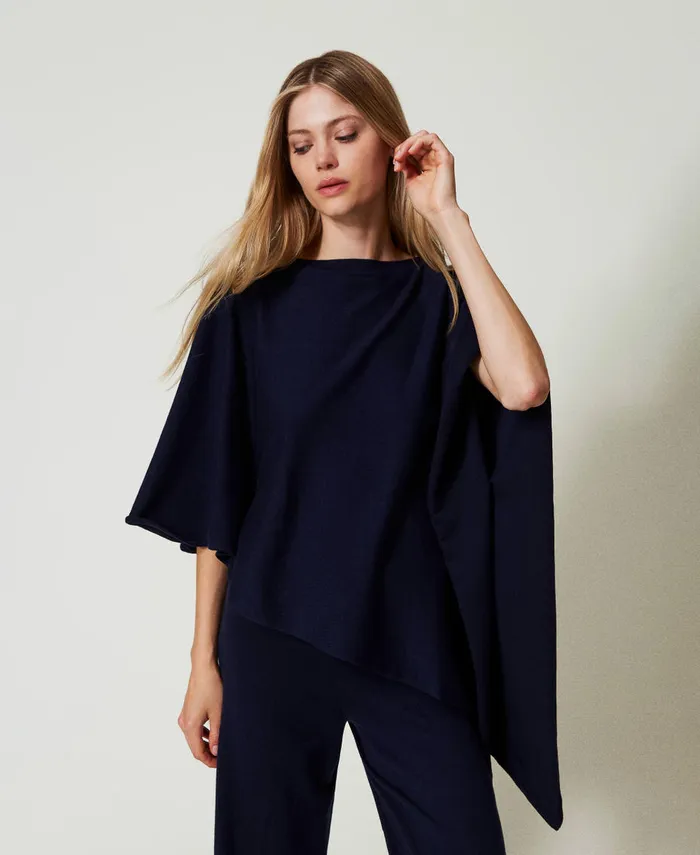 Twinset Asymmetric Knit Poncho Blackout Blue Women Jackets And Outerwear