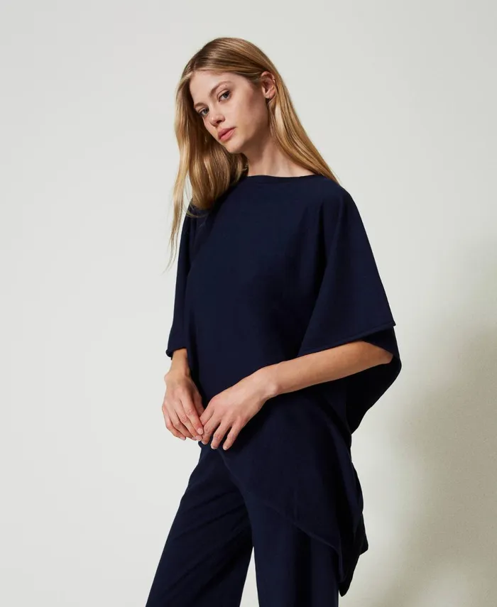 Twinset Asymmetric Knit Poncho Blackout Blue Women Jackets And Outerwear Twinset Asymmetric Knit Poncho Blackout Blue Women Jackets And Outerwear