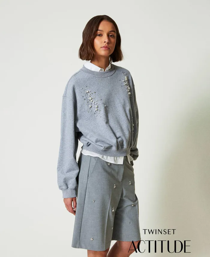Twinset Boxy Sweatshirt With Handmade Embroidery Melange Grey Women Sweatshirts