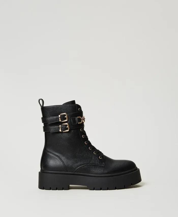 Twinset Combat Boots With Buckles And Oval T Clasp Black Women Flat Shoes
