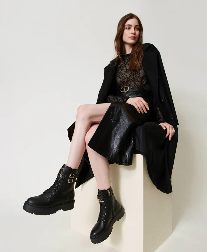 Twinset Combat Boots With Buckles And Oval T Clasp Black Women Flat Shoes Twinset Combat Boots With Buckles And Oval T Clasp Black Women Flat Shoes