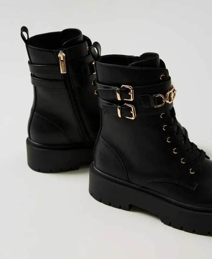 Twinset Combat Boots With Buckles And Oval T Clasp Black Women Flat Shoes Twinset Combat Boots With Buckles And Oval T Clasp Black Women Flat Shoes