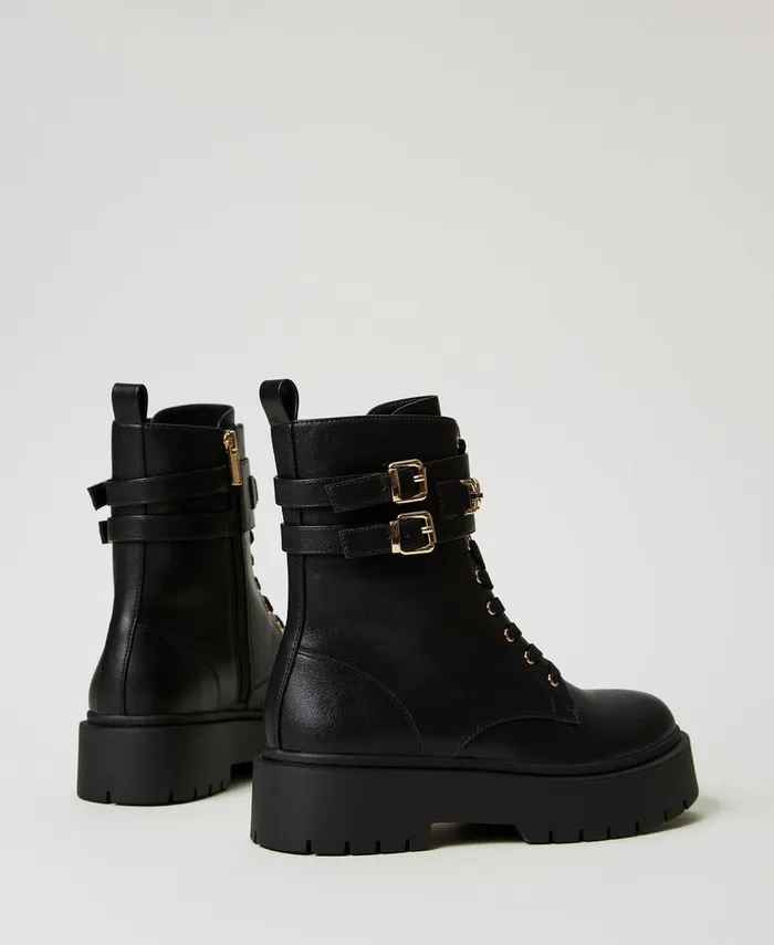Twinset Combat Boots With Buckles And Oval T Clasp Black Women Flat Shoes Twinset Combat Boots With Buckles And Oval T Clasp Black Women Flat Shoes