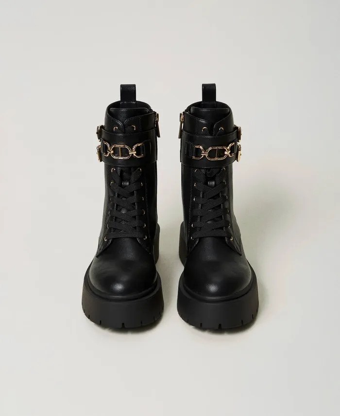 Twinset Combat Boots With Buckles And Oval T Clasp Black Women Flat Shoes Twinset Combat Boots With Buckles And Oval T Clasp Black Women Flat Shoes