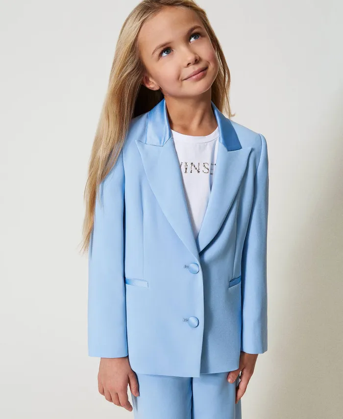 Twinset Crpe And Satin Blazer Light Paper Blue Girl Jackets And Outerwear Twinset Crpe And Satin Blazer Light Paper Blue Girl Jackets And Outerwear